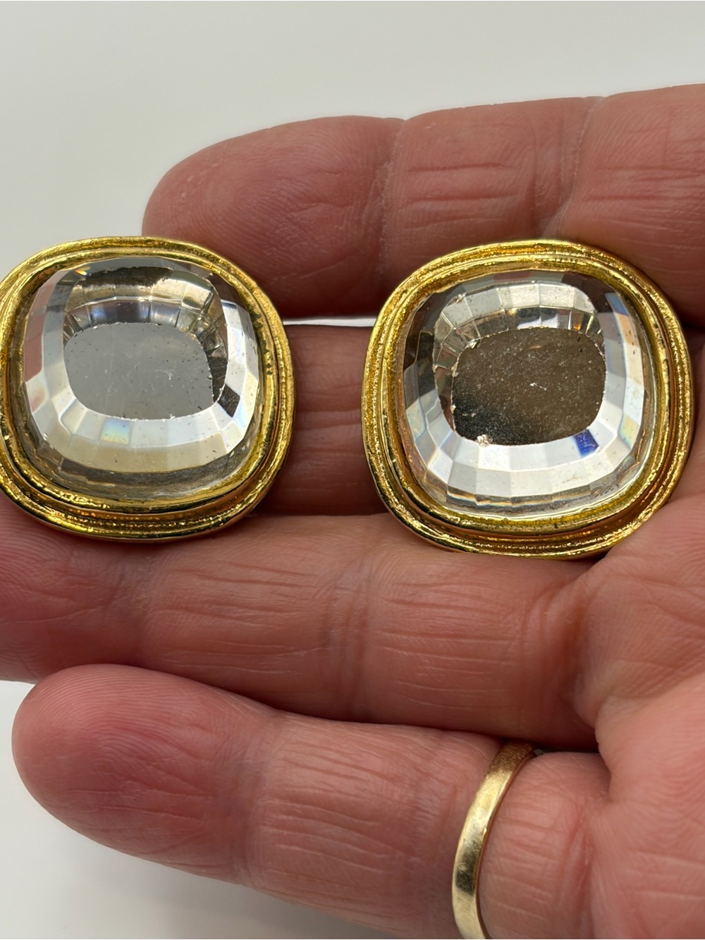 Vintage Kenneth Jay Lane KJL clear, crystal faceted, stacked gold tone clip ons